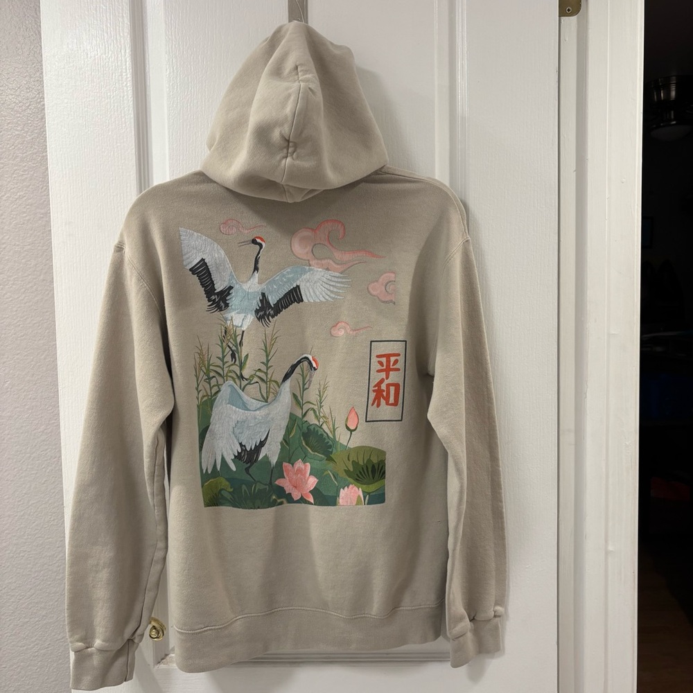 Bowery Supply Co. Beige Hoodie with Crane Graphic Peace Harmony